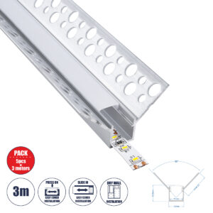 GLOBOSTAR® ALP-PLASTERIN GYPSO 70836-3M Χωνευτό Προφίλ Αλουμινίου Ειδικό για Εσωτερική Γωνία Γυψοσανίδας με Λευκό Γαλακτερό Πατητό Κάλυμμα για Ταινίες LED IP20 - Ασημί & Λευκό - Μ300 x Π3.1 x Υ1.3cm - Πακέτο 5 Τεμαχίων