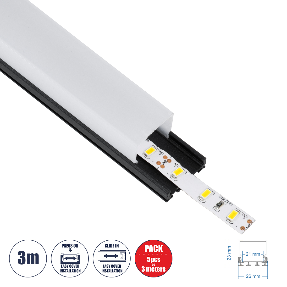 GLOBOSTAR® ALP-LINEAR GLOA 70849-3M Επιφανειακό & Κρεμαστό Προφίλ Αλουμινίου με Λευκό Γαλακτερό Πατητό Κάλυμμα για Ταινίες LED IP20 - Μαύρο & Λευκό - Μ300 x Π2.6 x Υ2.3cm - Πακέτο 5 Τεμαχίων