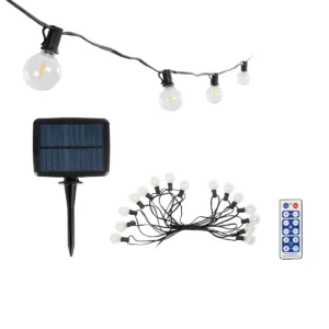 GLOBOSTAR® TWILIGHT 79667 Μοντέρνο Φωτιστικό Κήπου Γιρλάντα 7.5m με 15 Λάμπες & IR Ασύρματο Χειριστήριο LED 9W 810lm 360° DC 3.7V με Φωτοβολταϊκό Panel 5.5V 1.5W & Επαναφορτιζόμενη Μπαταρία Li-ion 3.6V 1x18650 2200mAh Αδιάβροχο IP65 Θερμό Λευκό 2700Κ Dimmable - Sanan SMD Chip - Μαύρο & Διάφανο - Μ750 x Π4 x Υ7cm - 2 Χρόνια Εγγύηση