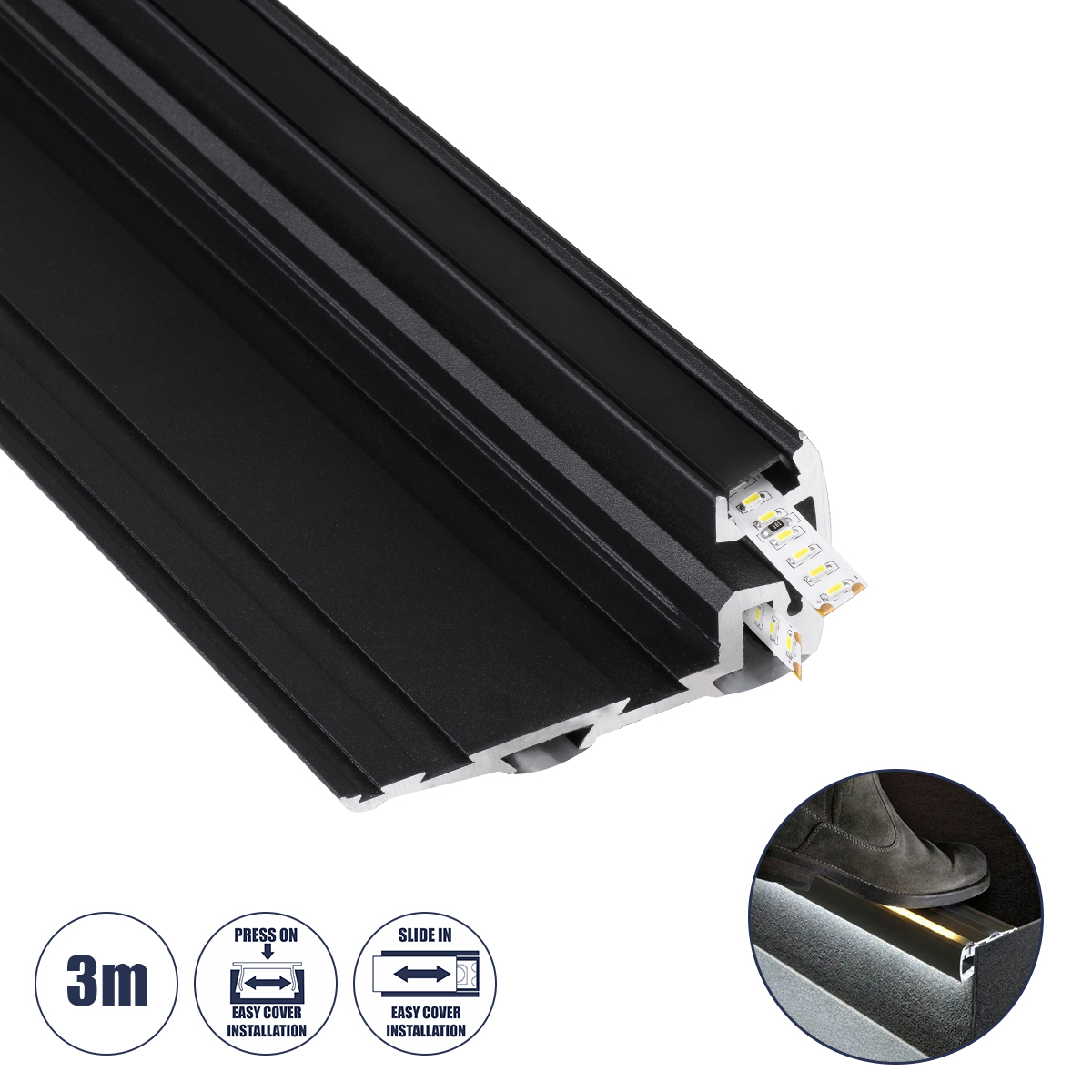 GloboStar® STAIR-PROFILE 70843-3M Προφίλ Αλουμινίου - Βάση & Ψύκτρα Ταινίας LED με Μαύρο Φιμέ Κάλυμμα - Χρήση σε Σκαλοπάτια - Πατητό Κάλυμμα - Μαύρο - 3 Μέτρα - Μ300 x Π8 x Υ3.2cm - Image 2