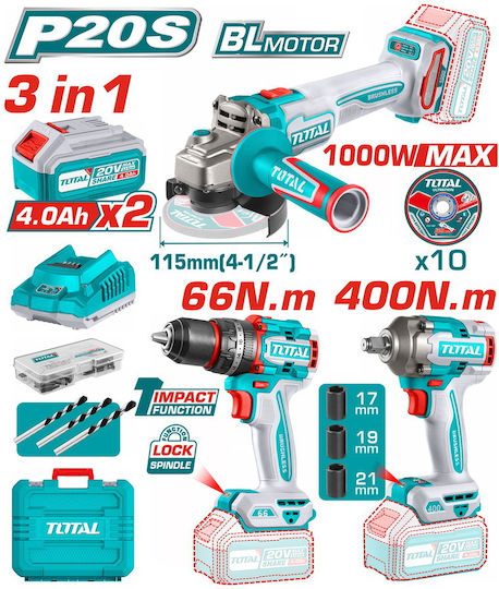 TOSLI241291E Σετ Γωνιακός Τροχός, Κρουστικό Δραπανοκατσάβιδο & Μπουλονόκλειδο Brushless 20V με 2 Μπαταρίες 4Ah και Θήκη